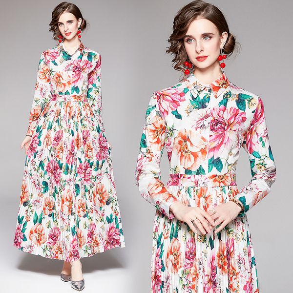 Boutique-vestido Floral de manga larga para mujer, vestido Maxi de gama alta, elegante, plisado, vestidos estampados de talla grande, otoño 2021