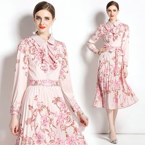 Boutique femmes robe plissée à manches longues robe imprimée 2023 automne nouvelle robe florale haut de gamme élégant volants arc dame OL robes robes de piste