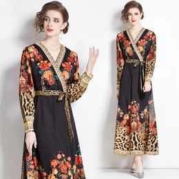 Boutique Femmes Robe Imprimée Longue Seeve Robe Florale 2024 Printemps Automne Robe Arc Haut de Gamme Mode Dame Maxi Robes Robes De Piste De Fête