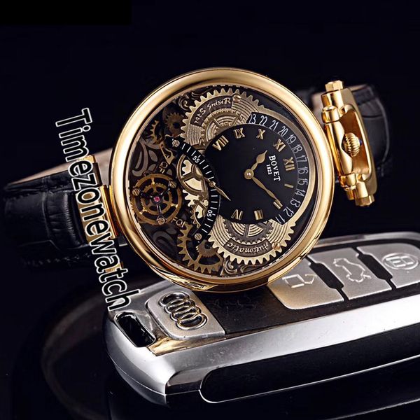 Bovet Amadeo Fleurier Tourbillon Reloj de cuarzo suizo para hombre Esqueleto de oro amarillo Esfera negra Marcadores romanos Reloj de zona horaria de cuero negro E10b2