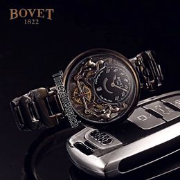 Bovet Swiss Quartz Herenhorloge Amado Fleurier PVD Stalen Skelet All Black Dial Horloges Roestvrijstalen Armband Horloges TimeZonewatch E03B2