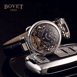 Bovet Swiss Quartz Mens Watch Amadeo Fleurier Acero Skeleton Dial Negro Relojes Relojes de correa de cuero negro