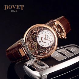 Bovet Zwitsers quartz herenhorloge Amadeo Fleurier Rose goud skelet witte wijzerplaat horloges bruine lederen band horloges goedkope Timezonewatc257N