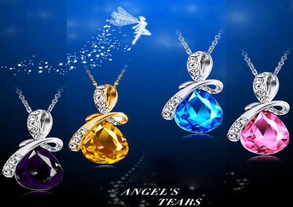 Bow Angel Tears Drop Collier Crystal Full Diamond Angel Tears Blue Pendants Chain Accessoires Femmes 039 Colliers Valentin036459094