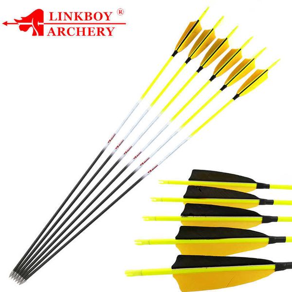 Arc Flèche 12pcs Linkboy Tir À L'arc Flèches De Carbone 30 '' Colonne Vertébrale 600 700 800 1000 ID4.2mm 4 pouces Plume De Dinde 80gr Points Recurve LongBow HuntingHKD230626