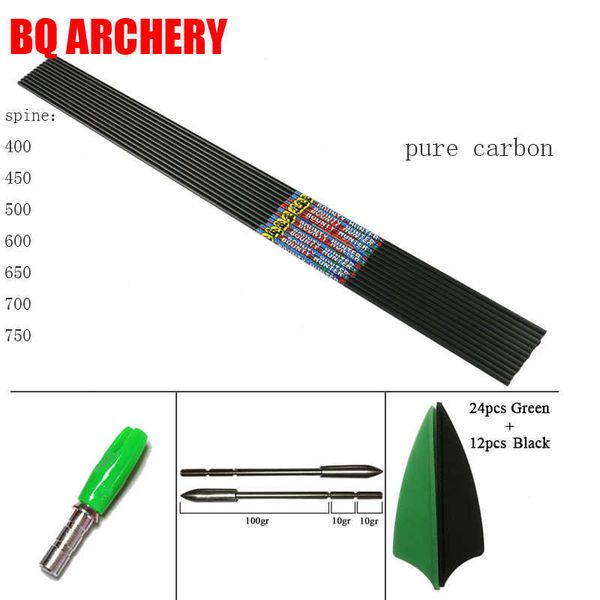 Flecha de arco 12 piezas Flecha de carbono puro 32 pulgadas ID3.2 Mm Pin Nock 120gr X10 Puntas Spine 400-750 1.75 pulgadas Paletas Arco recurvo Arco largo Tiro con arcoHKD230626