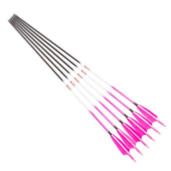 Bow Arrow 6 UNIDS Linkboy Archery Carbon Pink Arrows Sp300-800 30/32 pulgadas 5 pulgadas Turquía Feather Arrow Point 75gr Bow Female Shooter FavoriteHKD230626