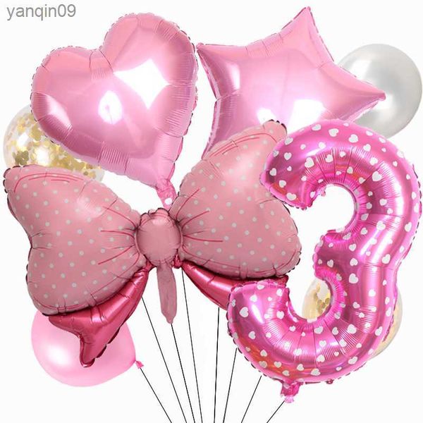 Bow Baby Girl Pink Balloon Set 32 pulgadas Pink Dot Numeración Globo Cochecito Bola de helio 1er Fiesta de cumpleaños Decoraciones Baby Shower L230626