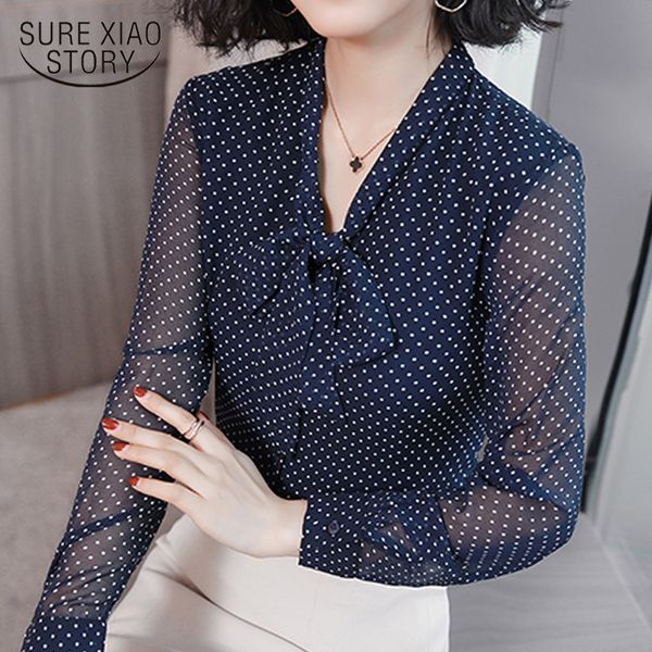 Bow Col Bureau Blouse À Manches Longues Femmes Chemises De Mode Bleu Dot Imprimer En Mousseline De Soie Blouse Chemise Femmes Tops Et Blouses 1864 50 201130