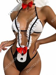 Décor d'arc Découpé Teddy Body avec tour de cou Naughty Role-Play Costume Bow Bra Lace Up Mesh Stitching Bunny Costume Teddy s6ld #