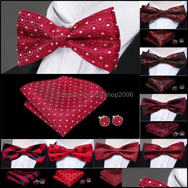 Bow Fashion Aessoriesbow Ties Rouge Pré-Bowties Pour Hommes Soie Papillon Treillis Hanky Boutons De Manchette Ensemble Collier Amovible Cravate De Noël Fête De Mariage