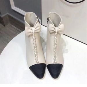 Botas de mujer con tacón grueso y puntiagudas con lazo, nuevas botas elásticas, Color blanco y negro, botas cortas Mary Jane con perlas a juego