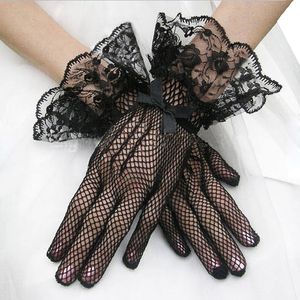 Bow Knot Short Wedding Bridal Gloves Mesh Lace Decoration Ultra Elastic Knitted Black White Black Gloves
