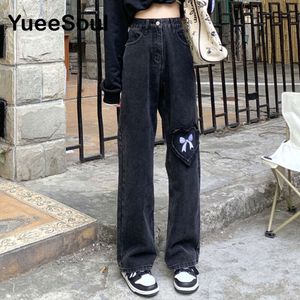 Strik Print Zwarte Vrouwen Jeans Hoge Taille Losse Rechte Broek Nieuwe Lente Hip Hop Y2K Leuke Zoete Vrouwelijke Jean streetwear