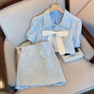 Bow Puff Short Sleeve Cardigan Blue Plaid Shirts Tweed Coat Wrap Hip Skirts Women Two Peice Sets Crop Tops Suits 240412