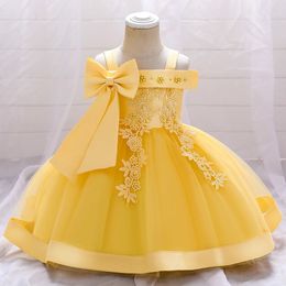 Boog zomerjurken baby babymeisje verjaardagsfeestje jurk kanten bloem geboren prinseskleding peuter babymeisjes bruidsjurk 240412