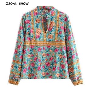 Bow Tide v Collar Locatie Floral Print Shirt Etnische vrouwen Pullover lange mouw blouse tops katoen blousa groen rood 210429