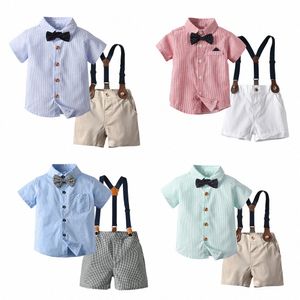 TIE BAWLE BEBENTES Niños Conjuntos de camisas de cárdigan a rayas niños niños pequeños camisetas de manga corta pantalones correas trajes de verano