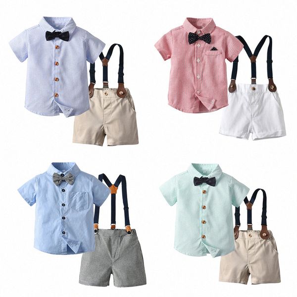 TIE BAWLE BEBENTES Niños Camisetas Camisas de cárdigan a rayas niños niños pequeños camisetas de manga corta pantalones correas trajes de verano