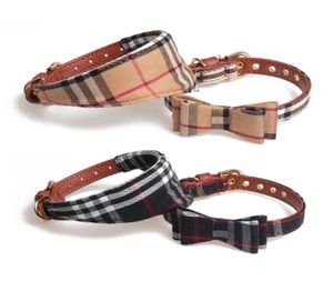 Vlinderdas Halsbanden en lijn Set Klassiek Plaid Charm Verstelbaar Zacht leer Hondenbandana en halsband voor puppy-katten 3 STUKS B329098446