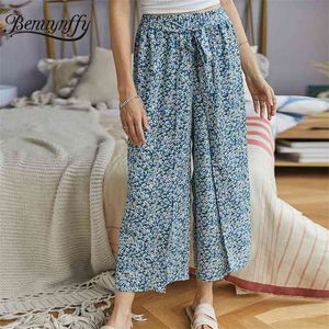 Pantalon à jambe large imprimé floral pour femmes, pantalon d'été, style Boho, décontracté, taille haute, élastique, ceinture, 210510