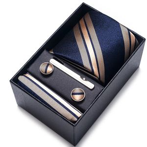 Strikjes 100% Zijde Merk Stropdas Zakdoek Manchetknoop Set Voor Mannen Stropdas Vakantie Geschenkdoos Blauw Goud Pak Accessoires Slanke Bruiloft Gravatas 231025