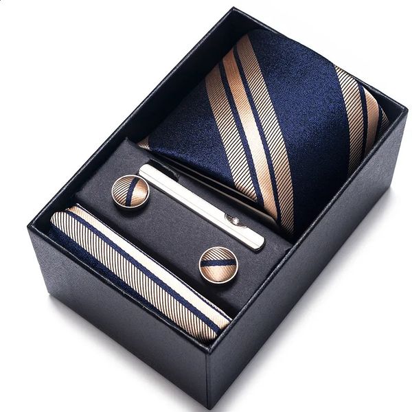 Cravates d'arc 100% soie marque cravate mouchoir bouton de manchette ensemble pour hommes cravate cadeau de vacances boîte bleu or costume accessoires mince mariage Gravatas 231102