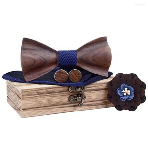 Bow Ties 1920s Mens HOUTEN TIE-HANDERCHIEF BROOCH EN CUFFLIKS SET BULE 3D BOWTIE JACQUARD PACKET VOOR MAN