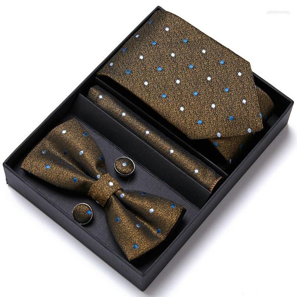 Noeuds papillon 2022 Conception En Gros Boîte Cadeau Personnalisée Haute Qualité Classique Cravate Noeud Papillon Hanky Boutons De Manchette Ensemble Pour Hommes Soie Bleu Dots Cravate