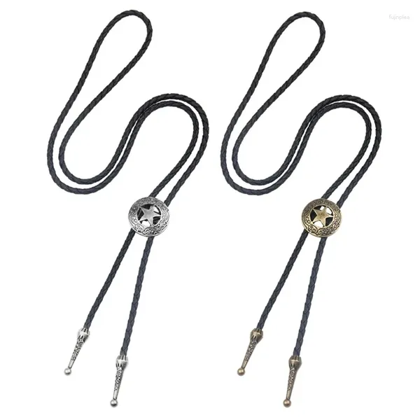 Pajaritas 2023 Bolo Tie Cowboy Corbatas Vintage PU Cuero de imitación Cuerda Collar con colgante de estrella Joyería trenzada para hombres Mujeres