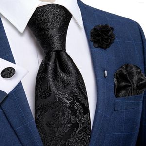 Bow Ties 2023 Classic Black Solid Paisley Silk voor mannen zakdoek manchetknopen broche pin bruiloft accessoires cadeau dropship