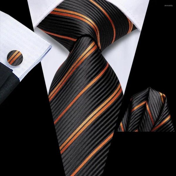 Cravates d'arc 2023 Hi-Tie Designer Noir Orange Cravate rayée pour hommes Marque de mode Fête de mariage Cravate Handky Boutons de manchette Cadeau en gros