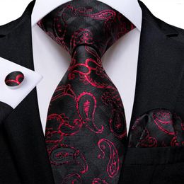 Strikjes 2023 Luxe mannen Rood Paisley Zwart Zijden Stropdas Set Bruiloft Accessoires Zakdoek Manchetknopen Geschenken Voor Mannen Groothandel DiBanGu