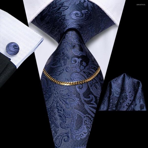 Noeuds papillon 2023 bleu marine Paisley luxe soie hommes cravate mode cravate chaîne Hanky bouton de manchette cadeau pour mariage Hi-Tie Designer en gros