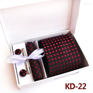 Pajaritas 24 diseños Classic Men's Red Dot Jacquard Tejido Seda Corbata Pañuelo Gemelos para fiesta de boda de negocios con caja de regalo