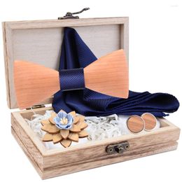 Bow Ties 3d Men Wooden Tie Set Bowtie en zakdoeken manchetjes manchetjes broche stroping voor zakelijke bruiloftsfeest Gravata accessoires geschenken