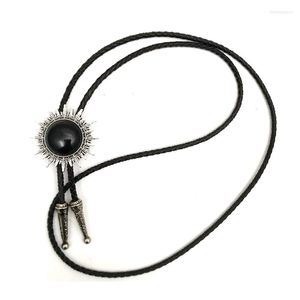 Pajaritas 5 uds., venta al por mayor, cadena de cuero con lazo de vaquero Bolo con estilo Vintage Sun, hebilla de Metal, collar de decoración de piedra negra para hombres