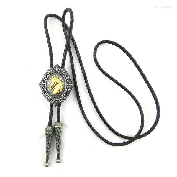 Lazos de arco 5 PCS Lotes al por mayor de alta calidad Bolo Tie de cuero negro con hebilla de metal de caballo de oro Accesorios masculinos de vaquero ajustables