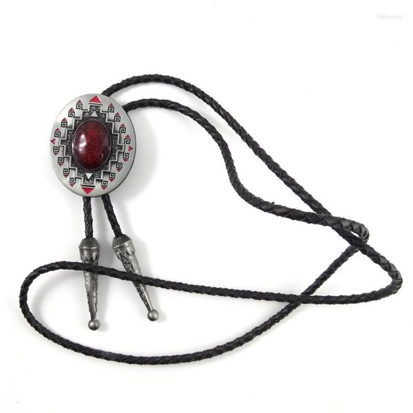 Pajaritas 5 piezas al por mayor lotes Vintage cuero negro Bolo Tie vaquero con hebilla de Metal piedra roja incrustaciones accesorios masculinos