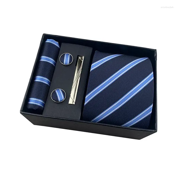 Bow Ties 6pcs Caja de regalo para hombres Vino azul marino gris sólido poliéster corbata de bolsillo cuadrado