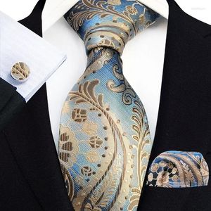 Noeuds papillon accessoires hommes ensemble Gravata affaires pour or bleu soie carré 8 cm boutons de manchette cravate florale poche luxe mer large cou