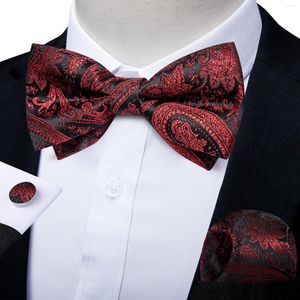 Bow Ties verstelbare heren bruilofts stropdas en pocket vierkante manchetknopen set rode zwarte paisley pre-gebonden strikje luxe feestknoop knoop