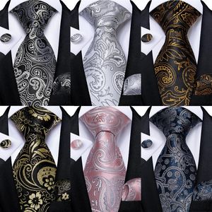 Bow Ties Black and Silver Paisley Floral Men's Gray Blue Pink Accessories Neck Tie Set zakdoek manchetknopen Gift voor Menbow