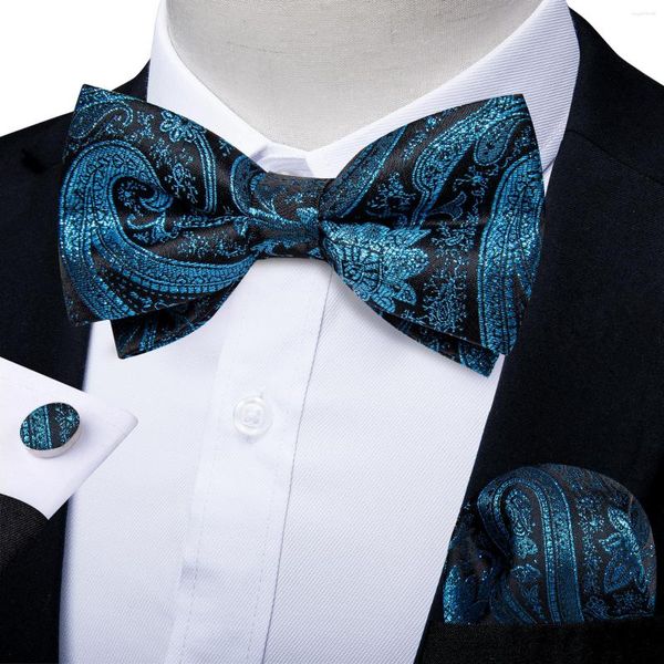 Corbatas de lazo, conjunto de gemelos y pañuelo para hombre, azul y negro, para accesorios de camisa, corbata de Cachemira de lujo, nudos para hombre, fiesta de boda
