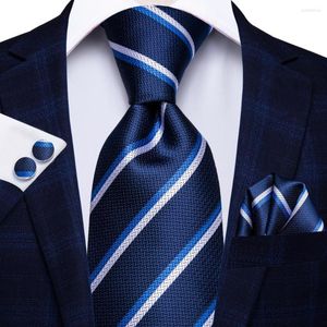 Noeuds papillon bleu blanc rayé soie mariage cravate pour hommes Handky bouton de manchette cadeau cravate ensemble Design de mode fête d'affaires DropshipingHi-Tie