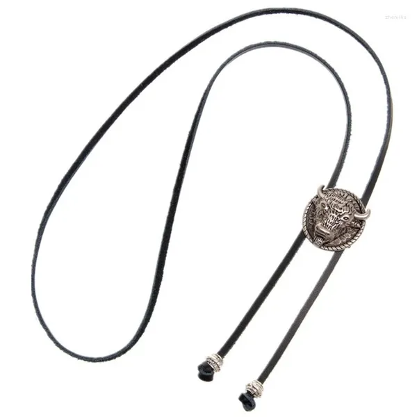 Noeuds papillon Bolo Tie fait à la main ronde tête de cowboy occidental collier pendentif en cuir faux pour hommes