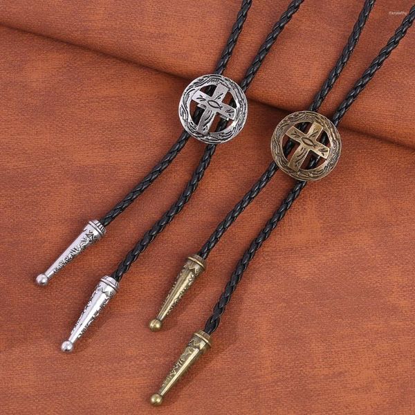 Pajaritas Bolo Tie Retro Camisa Cadena Poirot Cuerda Cuero Círculo Cruz Collar Largo Colgar