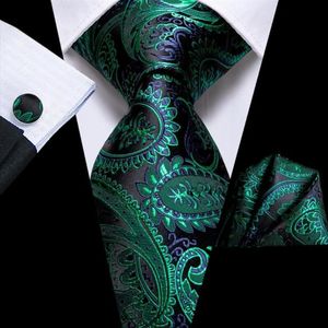 Cravates d'arc d'affaires Noir Vert Paisley Cravate de mariage en soie pour hommes Handky Cufflink Mens Cravate Fashion Designer Party Drop Hi-Tie212z
