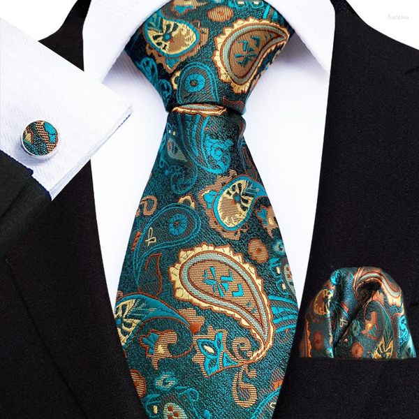 Pañuelos de lazo Corbata de negocios para hombres Conjunto de seda Paisley Corbata de lujo Raya Cuadros Gemelos Bolsillo Cuadrado Formal Fiesta de boda Gravata