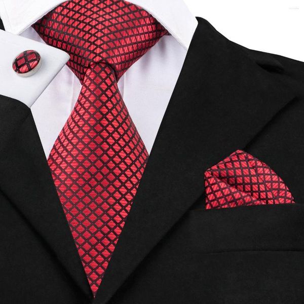 Cravates d'arc C-1607 Hi-Tie Patchwork Cravate Rouge Set Qualité Fabriqué À La Main En Soie Jacquard Tissé Cou Poche Boutons De Manchette Carrés Pour Hommes En Vente